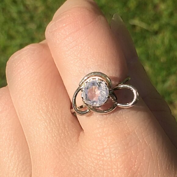 Vintage Rock Crystal Ring, Real Sterling Silver Fancy Cocktail Ring, Size 7.25 - Picture 1 of 9